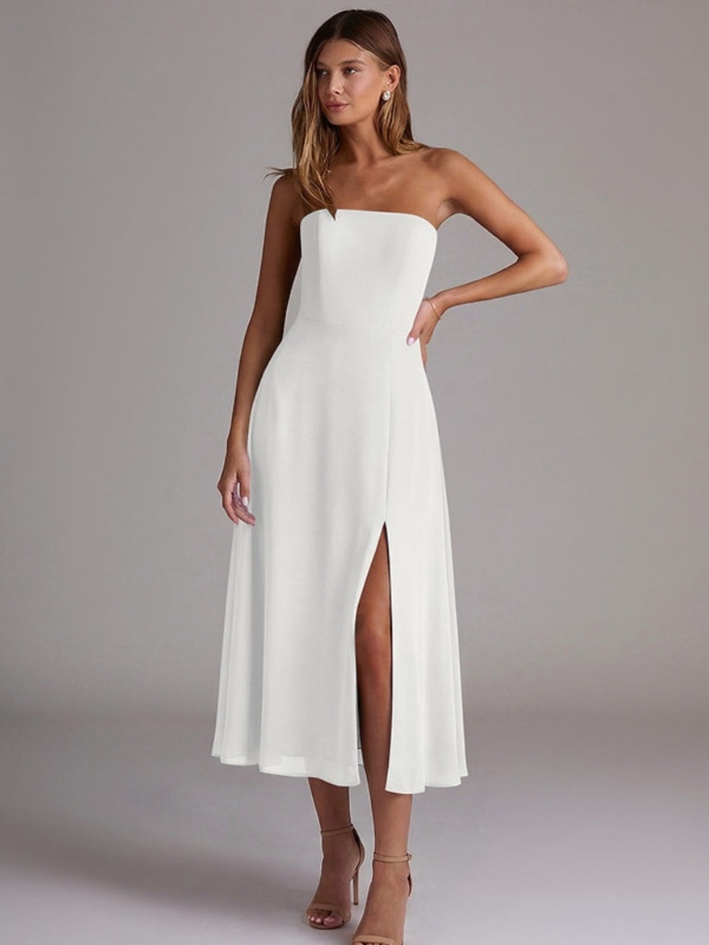 Custom Azazie Wren White A-Line Strapless Chiffon Dress